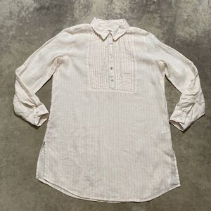 Cynthia Rowley Shirt Womens Small‎ Linen Roll Tunic White Yellow Vertical Stripe